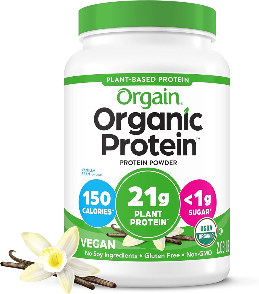 Orgaine en poudre de protéines végétales organiques, Vanilla Bean - 21g Protéines végétales, 6g Fibres prébiotiques, Pas d'ingrédients de lactose, Pas de sucre ajouté, Non-OGM, Pour Shakes & Smoothies, 2.03 lb (Packaging May Vary)