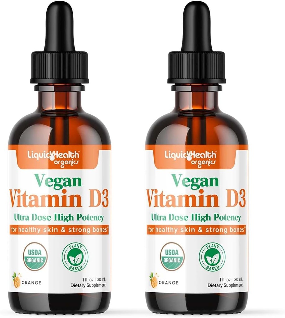 LIQUIDHEALTH Vitamine D3 4000 UI, USDA Vitamine D biologique gouttes liquides pour les adultes et les enfants, Vitamine D végétalienne pour le système immunitaire support, santé des os, soutien de l'humeur, peau saine - Fabriqué aux États-Unis (2 Pack)