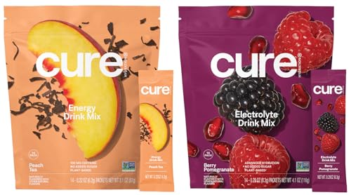 Cure Hydration | Plant-Based Electrolyte Drink Mix | Energy & Dehydration Bundle | No Sugar | Coconut Water |100mg Caffeine | Non-GMO | Vegan | 14-Pack Each: Peach Tea & Berry Pomegranate