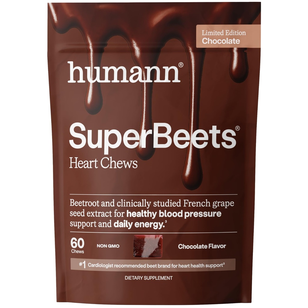 HumanN SuperBeets Heart Chews, Nitric Oxide and Blood Pressure Support, Grape Seed Extract & Non-GMO Beet Root Powder Energy Supplement, Chocolate Flavor, 60 Count