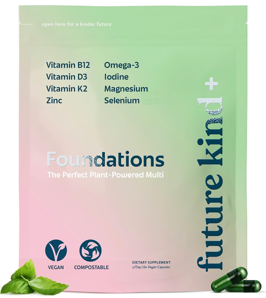 Future Kind Carrageenan-Free Foundations Multivitamin for Women & Men with Omega-3, B12, D3, Zinc, Iodine, Magnesium, K2 & Selenium, Vegan, Compostable Bag (60ct)