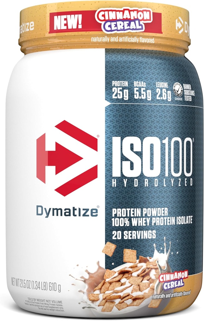 Dymatiser la poudre de protéines de lactosérum ISO100, Céréales de cannelle, 25g de protéines, 5,5g BCAA, moins de 120cal., sans gluten, 1g de gras, 1g de sucre, 2g de glucides (20 portions)