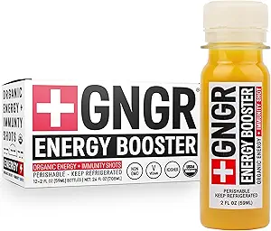 + GNGR Energy Booster & Immunity Shot, Cold-Pressed Ginger Shots with Lions Mane, 75mg de thé vert de caféine naturelle, racine de curcuma, vitamine D & zinc pour tout le soutien naturel immunitaire (2 Oz, pack de 12)