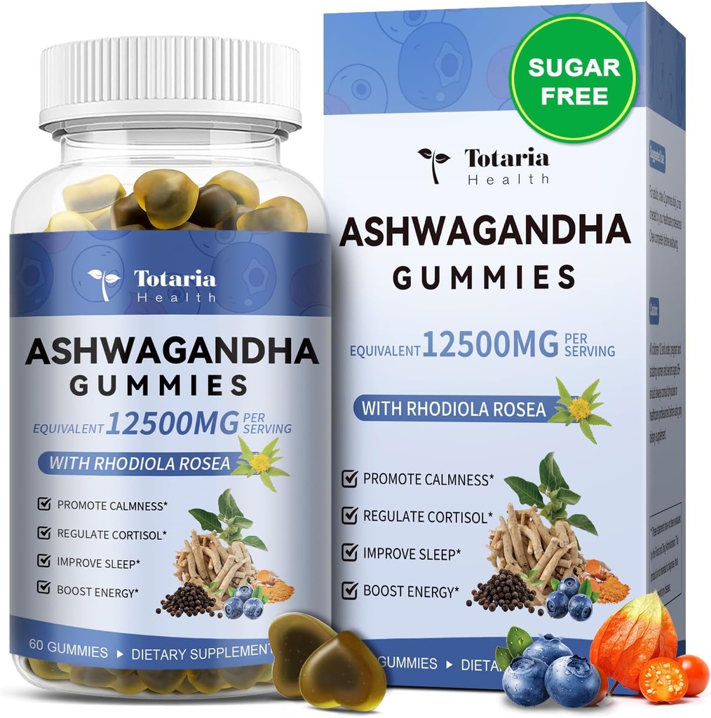 Totaria sans sucre Ashwagandha rempli Gommies 2500mg w/Vitamine D3, Magnésium Glycinate, Rhodiola, Suppléments de racine Ashwa Ultra Strength pour les femmes & Wen, pour la relaxation, l'énergie, Blueberry Flavor