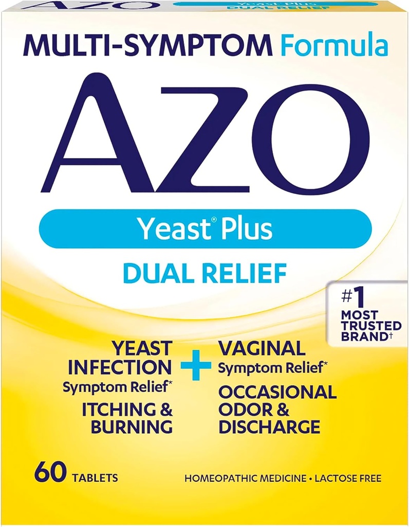 AZO Yeast Plus Comprimés de double soulagement, Infection à levure et soulagement des symptômes vaginaux, soulage les démangeaisons vaginales et brûlures, 60 comte