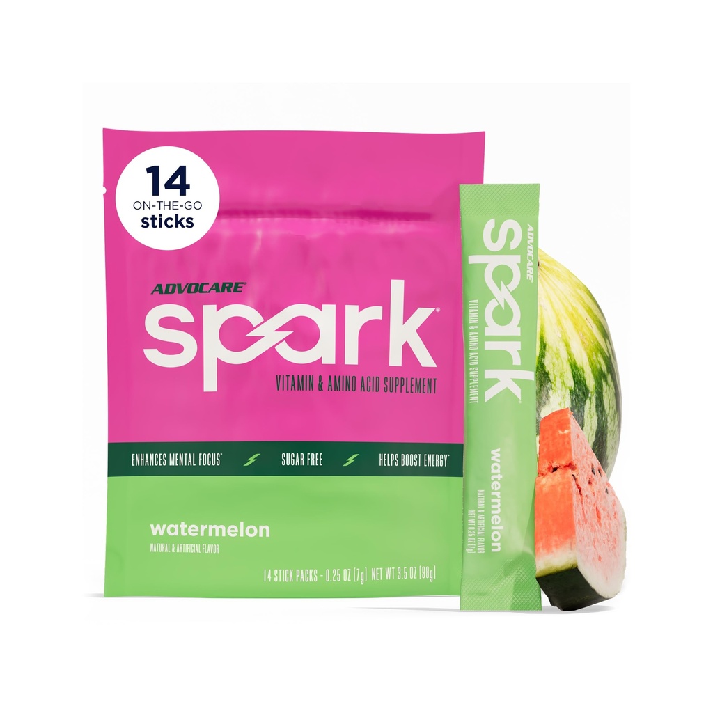 AdvoCare Spark - Mélange de boissons énergisantes - Supplément à la vitamine et à l'acide amino - Soutiens Énergie et Focus* - Support immunitaire portable* - Sans sucre - Pastèque, 14 Stick Packs (3.5 oz)
