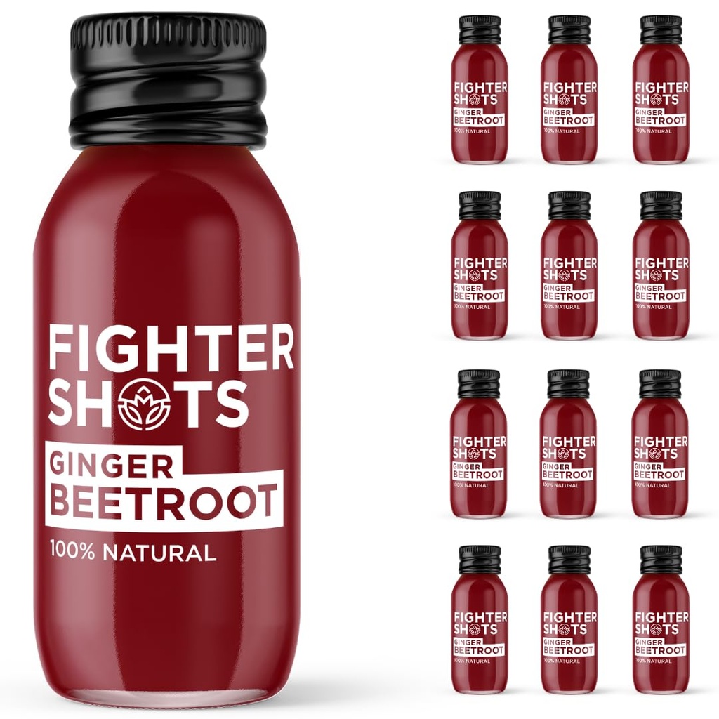 Fighter Shots Ginger Award Winning Fresh & Fiery Cold Pressed Ginger Shots for Immune Support & Energy Boost - 100% Natural Perfect Pick Me Up - Ginger and Beetroot 12 Pack