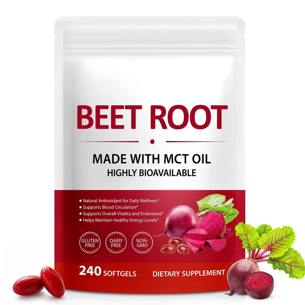 Beet Root Extract, 240 Beetroot Softgels Natural Beets Supplement Beet Root Capsules with MCT Oil Natural Beet Root Supplement for Daily Wellness Free of Soy Dairy Gluten and Non-GMO