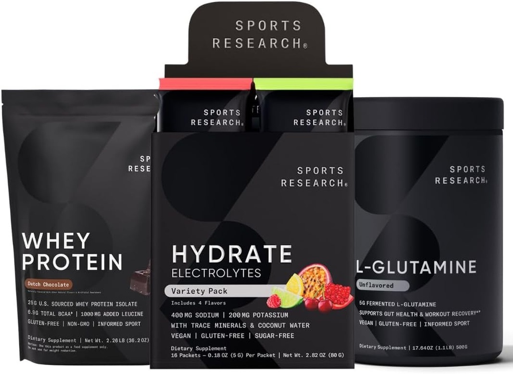 Recherche sportive Multi-arôme Hydrate Electrolytes Packets, Dutch Chocolate Aromatisé Whey Protéine Isolé Poudre et L-Glutamine non aromatisée