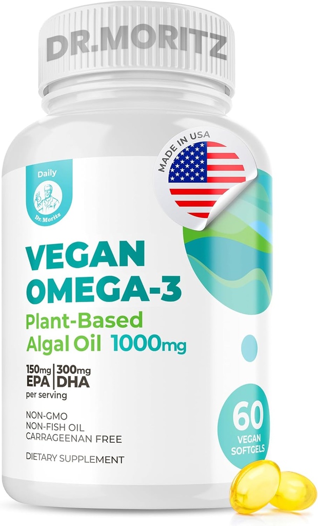 DR. MORITZ Vegan Omega-3 Softgels pour adultes et enfants, fait à partir d'huile d'algues avec DHA EPA, petits suppléments d'algues Omega 3, Vegan, 60 comtes