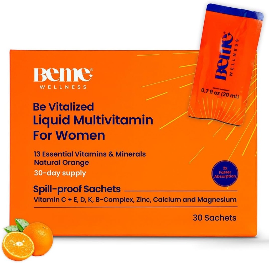 Multivitamines liquides BeMe pour femmes - Système avancé de livraison de liquides avec 13 vitamines et 4 minéraux - Sachets de thé et de go, non-OGM, saveur orange (30 sachets)