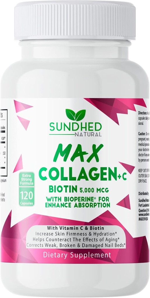 Collagène Max Sundhed Plus C - Tous les collagènes naturels avec biotine et biopérine pour stimuler l'hydratation antivieillissement et la fermeté de la peau - Renforcer les os et les ongles (capsules 2-mois) (120 comte)