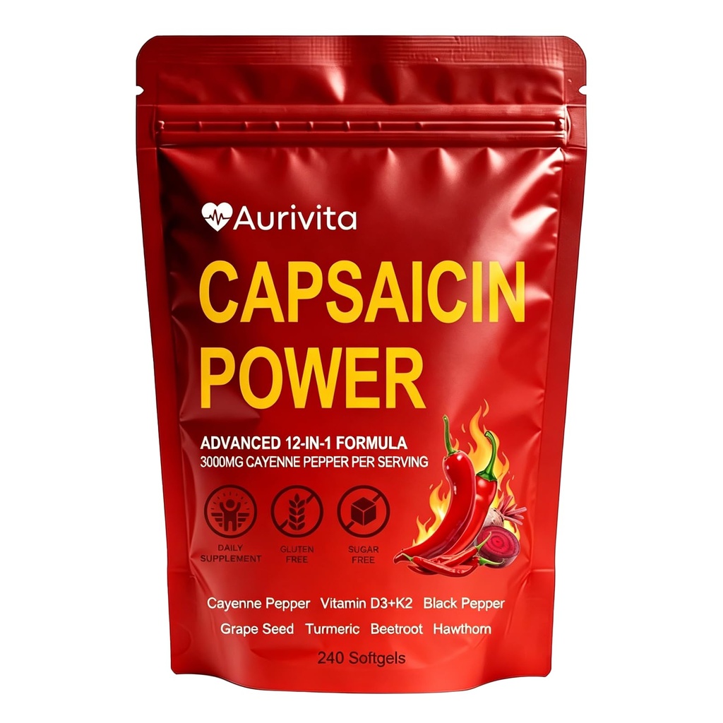 Aurivita Capsaicin Softgels, Capsaicin Supplements, Capsaicins Powder, with Vitamin D3+K2, Beetroot, Grape Seed and Other Extracts, 240 Capsules (1)
