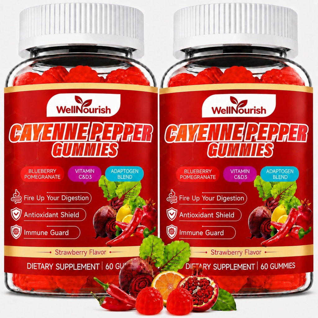 Cayenne Pepper Supplement Gummies for Adults with Vitamin C & D3, Cayenne Pepper Extract, Beetroot, Blueberry & Adaptogen Blend, Digestive, Blood Vessel Health & Immune Support, Strawberry 120 Count