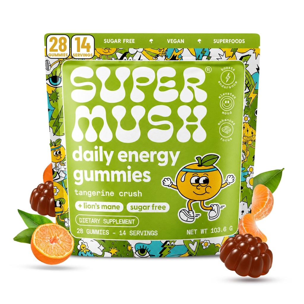 SuperMush Daily Energy Mushroom Gummies - Organic Lion’s Mane & Cordyceps Mushroom for Energy, Focus, Stress Reduction - Vegan, Sugar Free Nootropic Gummies - Functional Mushroom Supplement (28 Count)