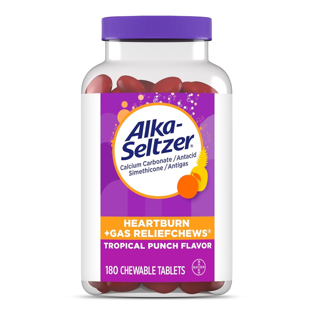 Alka-Seltzer Heartburn + Gas ReliefChews, Antacid + Antigas Chews for Fast Heartburn Relief, Gas, and Acid Indigestion Relief En route, 180 Ct
