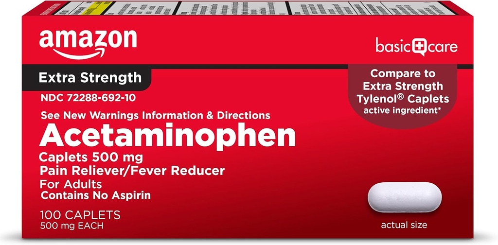   Basic Care Extra Strength Pain Relief, Acetaminophen Caplets, 500 mg, Pain Reliever/Fever Reducer, 100 Count (Packaging may vary)