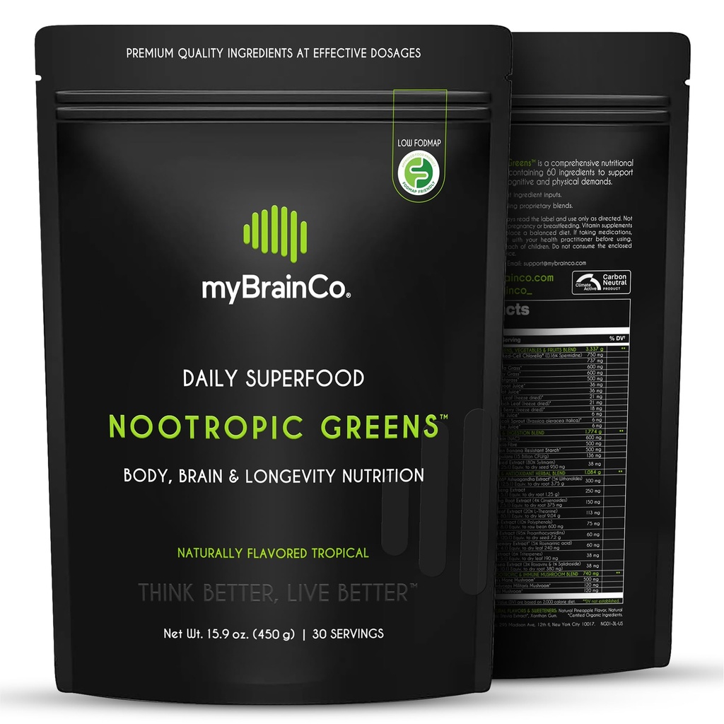 myBrainCo. Nootropic Greens - Premium All-in-One Body, Brain & Longevity Optimization Nutrition. Organic Greens & Superfoods, Alpha-GPC, L-Theanine, Lion’s Mane, TMG, NR, NAC & More. (7.94 oz)