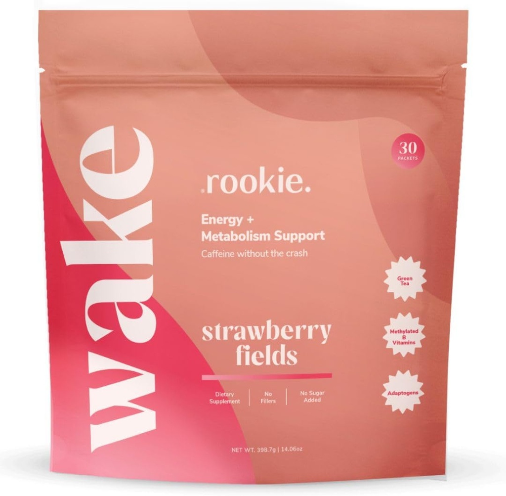 Rookie Wellness Wake - Boisson d'énergie naturelle en poudre avec 125 mg de caféine extraite de thé vert, vitamines complexes B, extrait d'Ashwagandha et extrait de Guarana (30 portions, champs de fraises)