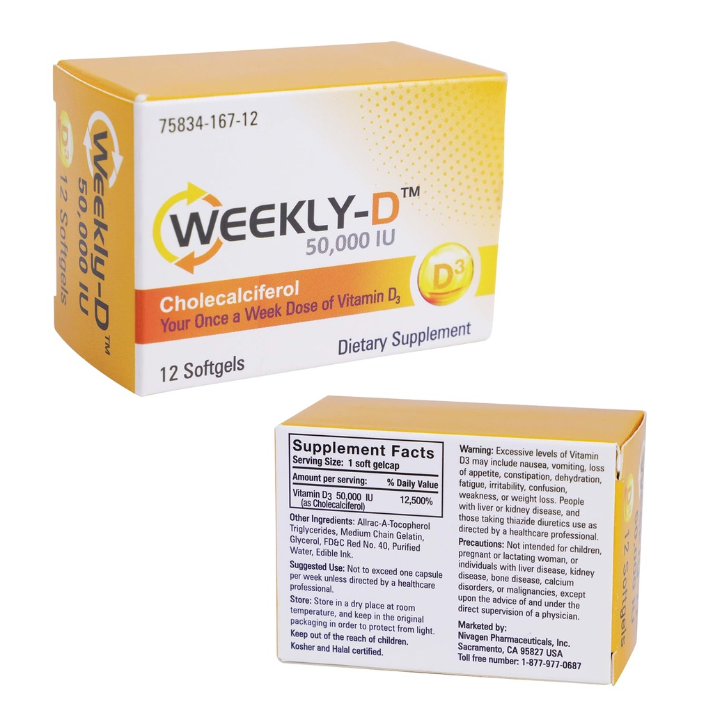 Nivagen Weekly-D Vitamin D3 50,000 IU (Cholecalciferol) | Once-Weekly High Potency Softgels | 12 Softgels | Supports Bone, Muscle & Immune Health | Easy to Swallow | Non-GMO, Gluten Free | Made in USA