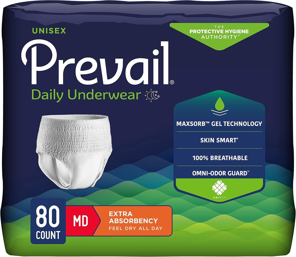 Sous-vêtements de protection quotidiens prévalant - Sous-vêtements d'incontinence pour adultes unisexe - Couche jetable pour adultes pour hommes et femmes - Absorbance maximale - Moyenne - 80 Compte (4 paquets de 20)