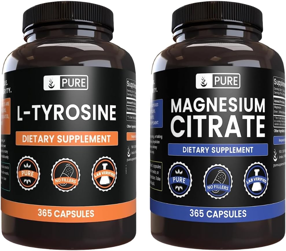 INGRÉDIENTS ORIGINAUX DE PURE L-Tyrosine et Citrate de magnésium, 365 Capsules Chaque, Toujours Pure, Lab Vérifié