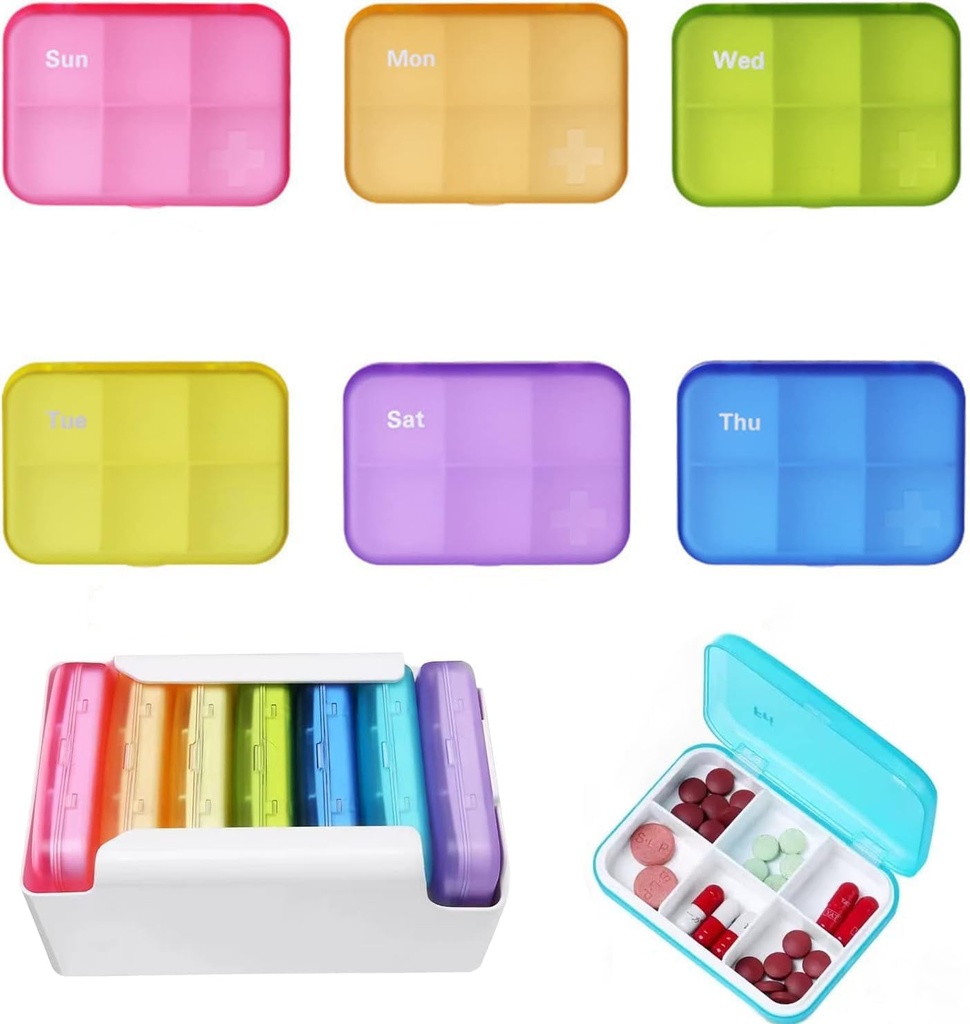 Organisateur de pilules à 7 pièces 6 fois par jour, hebdomadaire Médicament quotidien Organisateur Portable 7 Jour 42 Compartiments Pill Box with Moisture-Proof Pill Case Pill Container for Vitamines,Supplements