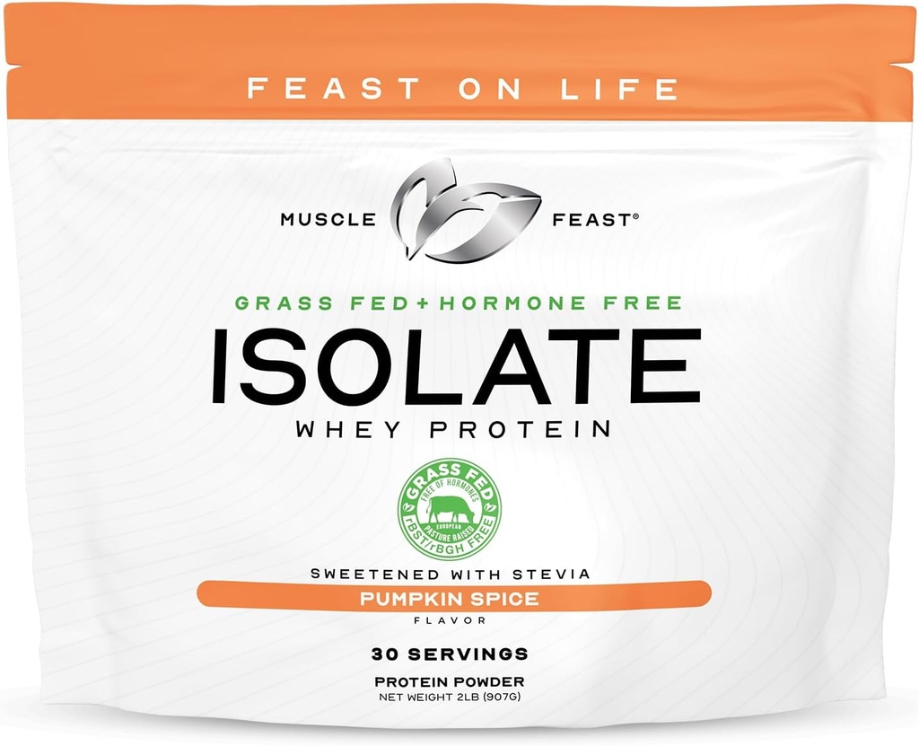 Muscle Feast Grass-Fed Whey Protein Isolate, All Natural Hormone Free Pasture Raised, Whey Isolate Protein Powder for Men and Women, Clean, Gluten-Free, Delicious Isolate Protein - Pumpkin Spice, 2lb