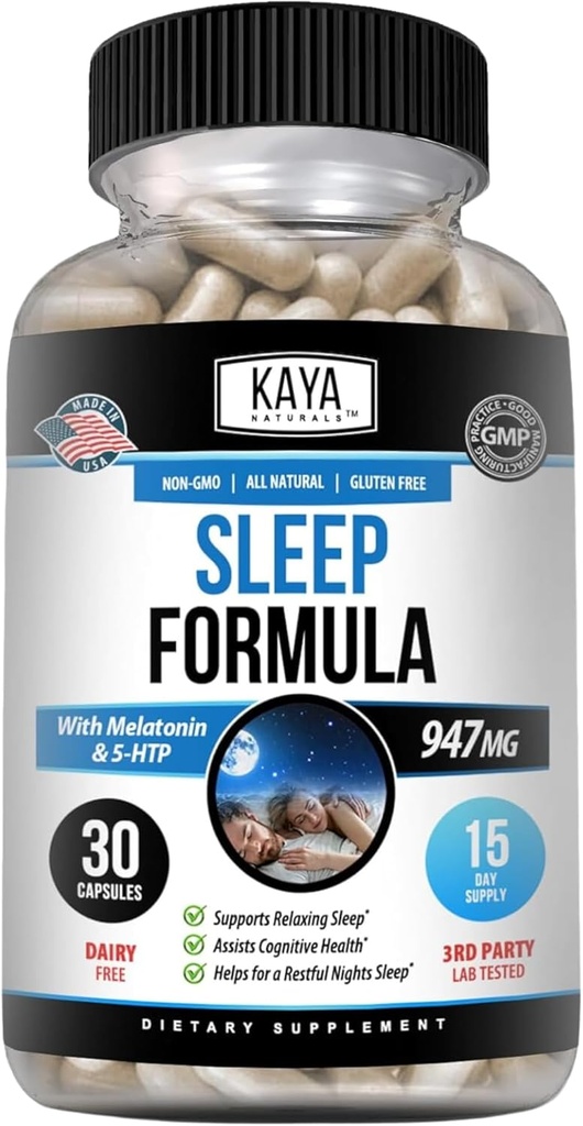 Kaya Naturals - Formule de soutien du sommeil avec la mélatonine - Supplément vitamine de soutien d'aide - Stress du sommeil et soutien de l'humeur - L-Tryptophhan, Passion Flower, Ashwagandha et plus (30 comtes)