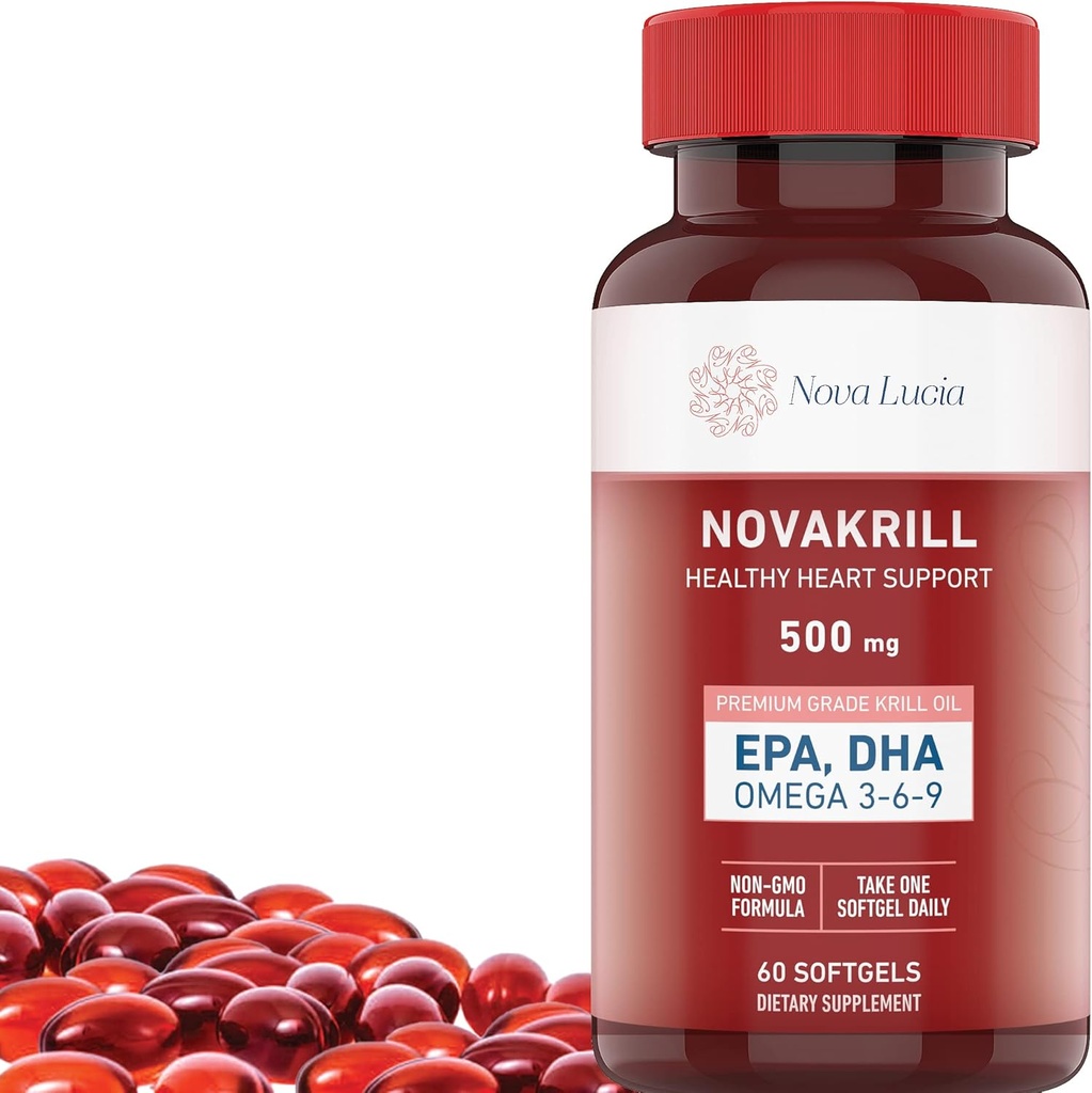 NovaKrill Krill huile Omega 3 supplément – 1000mg Softgels avec EPA, DHA, Astaxanthin – Pas d'arrière-goût de poisson – Facile à avaler huile de krill antarctique – 60 capsules liquides
