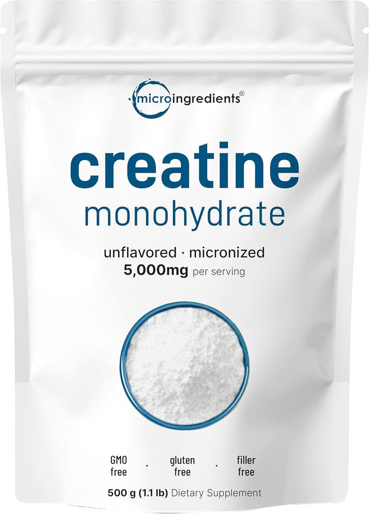 Poudre instantanée monohydratée de créatine 500 grammes (1,1 lb), 5000mg par portion, poudre micronisée de créatine, non aromatisée, pure, sans remplissage, kéto et végétalien, facile à dissoudre avant l'entraînement pour les femmes et les hommes