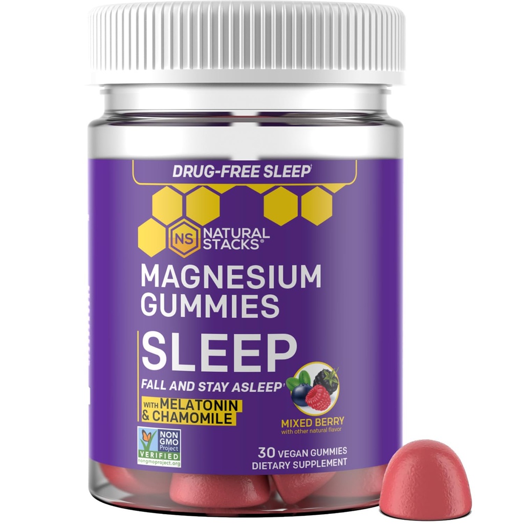 Sleep Magnésium Gommies avec la mélatonine - 200mg Magnésium Citrate - Mélatonine Gommies pour la qualité du sommeil - Aide nocturne pour les adultes avec la camomille - 30 baies mixtes