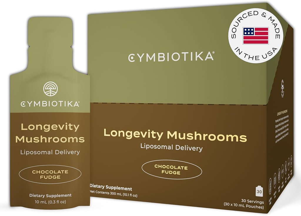 CYMBIOTIKA Supplément de champignons liposomiques avec la crinière de Lion, la queue de dinde, les b-vitamines, Cordyceps & Reishi Champignons, Suppléments pour le soutien immunitaire et l'énergie, chocolat Fudge Flavor, 30 Pack