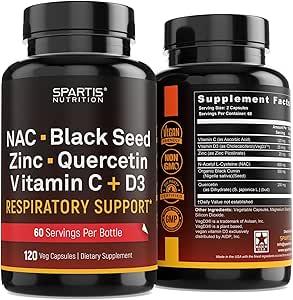 NAC 600mg Graine noire 500mg Picolinate de zinc Quercetin Vitamine C Vitamine D3 Soutien respiratoire (paquet de 1 bouteille à 120 capsules)