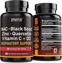 NAC 600mg Graine noire 500mg Picolinate de zinc Quercetin Vitamine C Vitamine D3 Soutien respiratoire (paquet de 1 bouteille à 120 capsules)