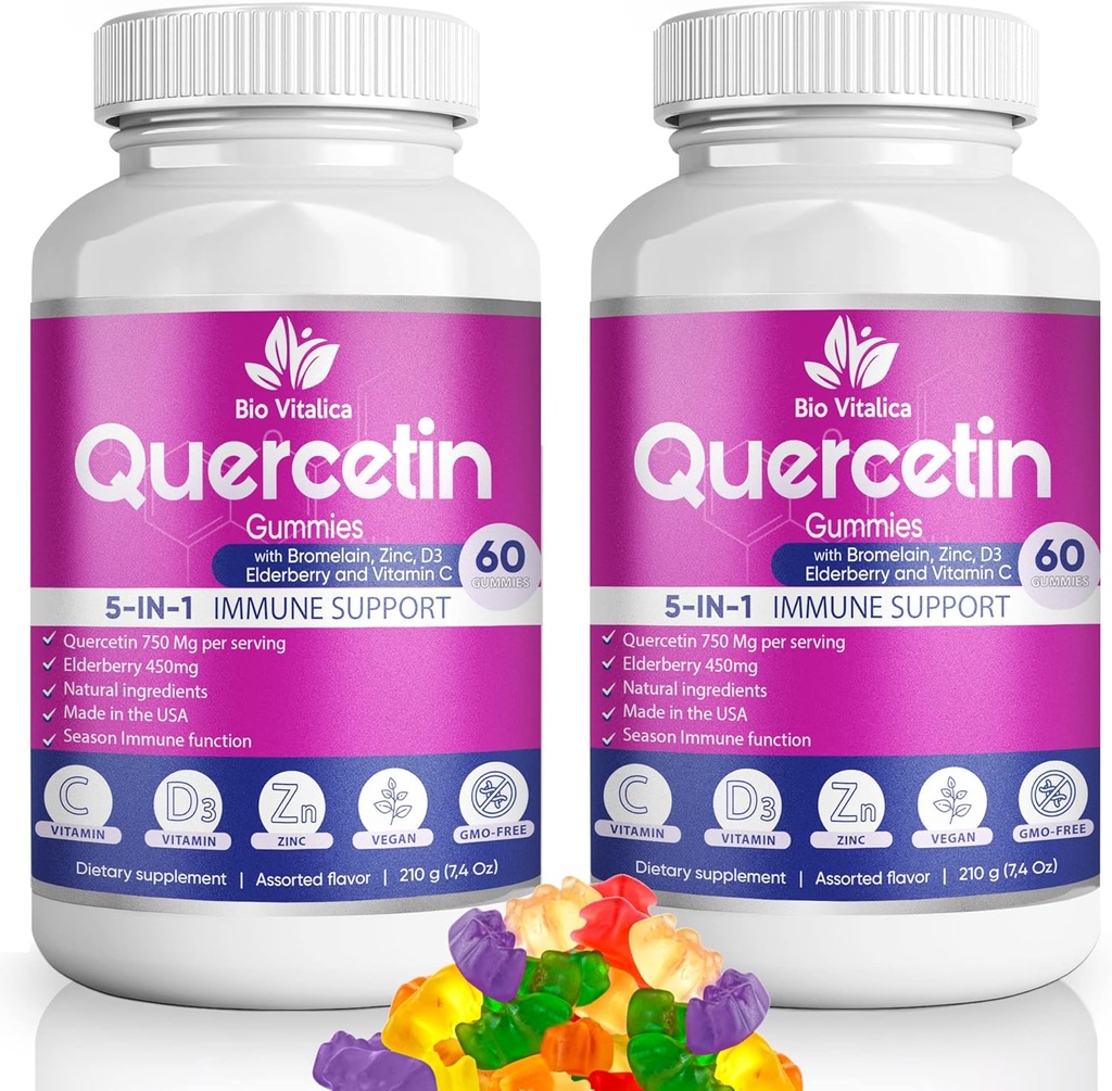 (2 Pack) Gummies Quercetin par BioVitalica - Quercetin avec la vitamine Bromelain C et Zinc & Elderberry + Vitamine D3-5 dans 1 Immune Support - Zinc Quercetin 750 mg pour les enfants et les adultes