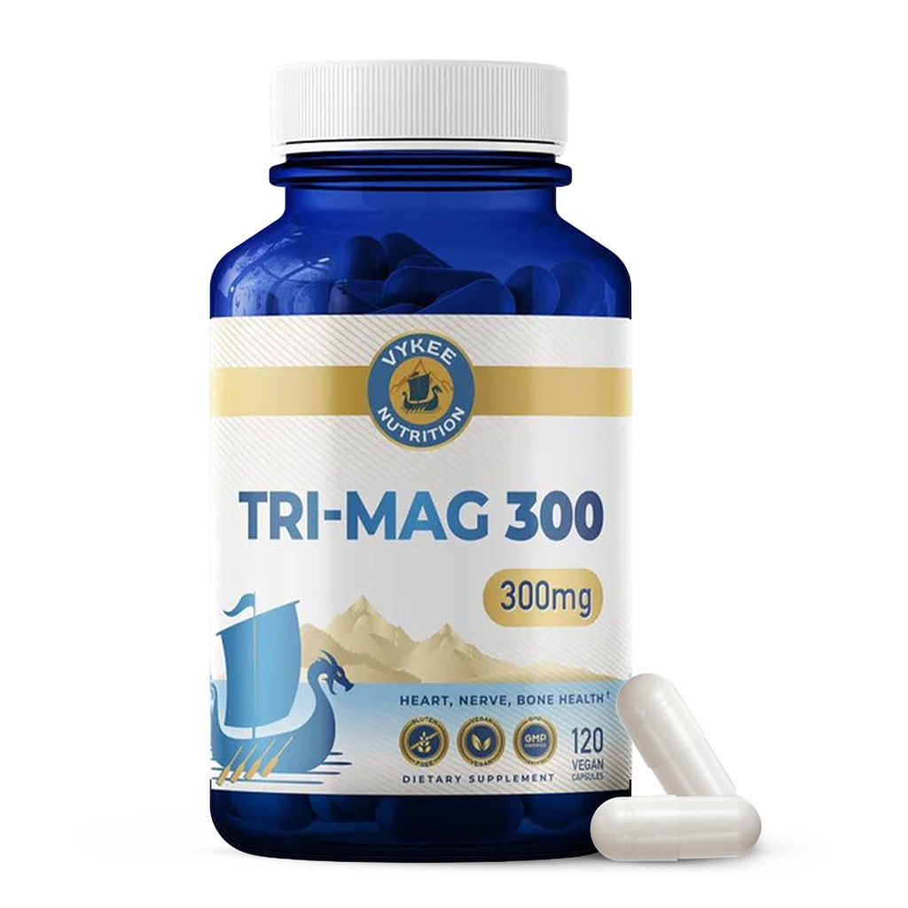 Vykee Nutrition Tri-Mag 300 Triple-Source Magnesium Complex – Supports Heart, Nerve, and Bone Health – Vegan, Non-GMO, Gluten-Free – 300 mg, 120 Count