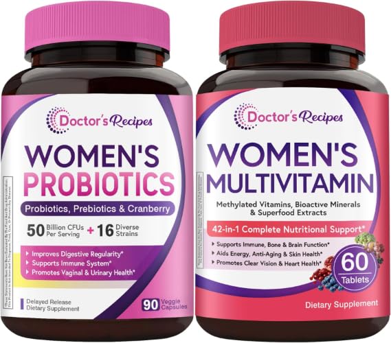 Doctor's Recipes Women's Probiotic & Multivitamin Bundle – 50 Billion CFU 16 Strains Probiotic with Organic Cranberry, Methylated Multivitamin with Iron, 90 Caps + 60 Tablets