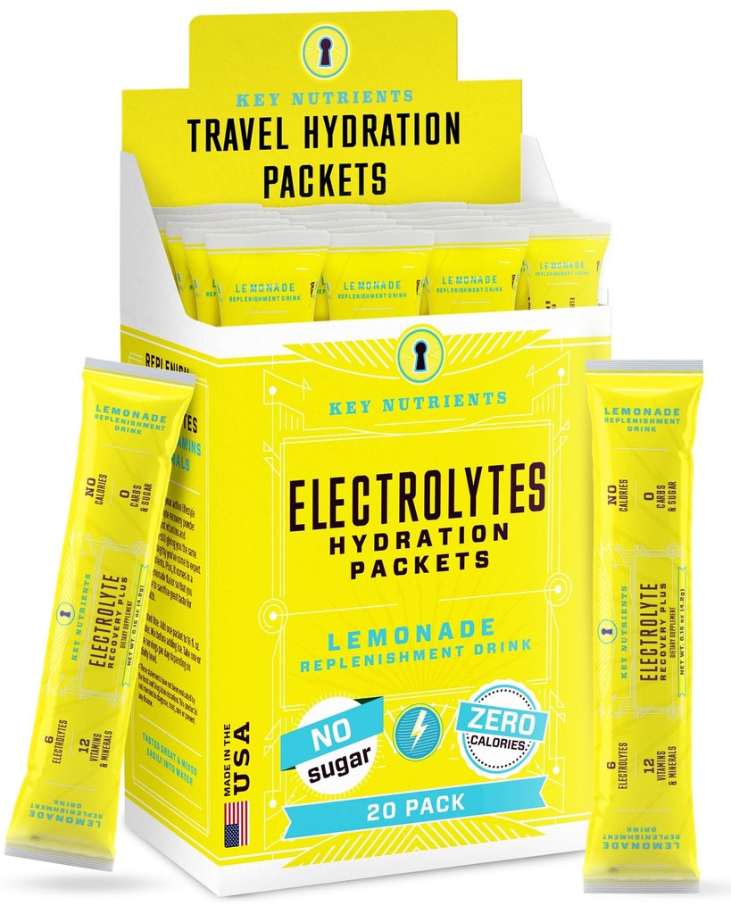 CLÉS NUTRIENTS Electrolytes Powder Packets 20 Pack - Pas de sucre, Lémonade rafraîchissante, Packs d'hydratation avec Poudre Electrolyte pour Rafraîchissements Electrolyte Drink Mix Packets - Zero Calories