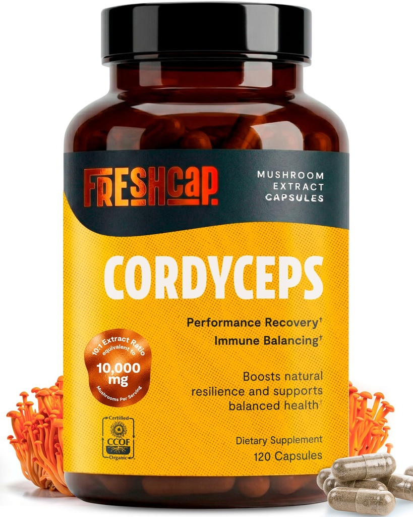 FreshCap Mushrooms Ayurvedic Premium Organic Cordyceps Capsules - 10:1 Fruiting Body Extract with 32% Beta-Glucans - 3rd-Party Tested - Supports Natural Energry and Promotes Endurance (120 Capsules)