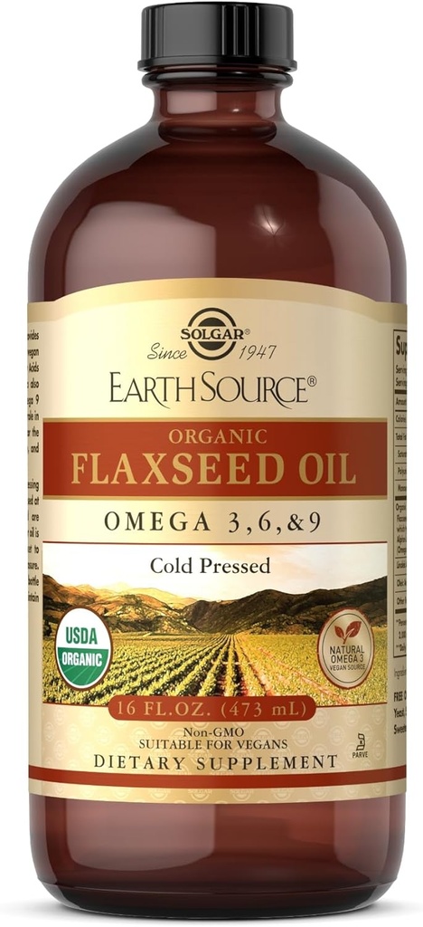 Solgar Source terrestre Huile de lin biologique - 16 fl oz - pressé à froid - Oméga 3, 6 et 9 - USDA Organique, non-OGM, sans gluten - environ 31 portions