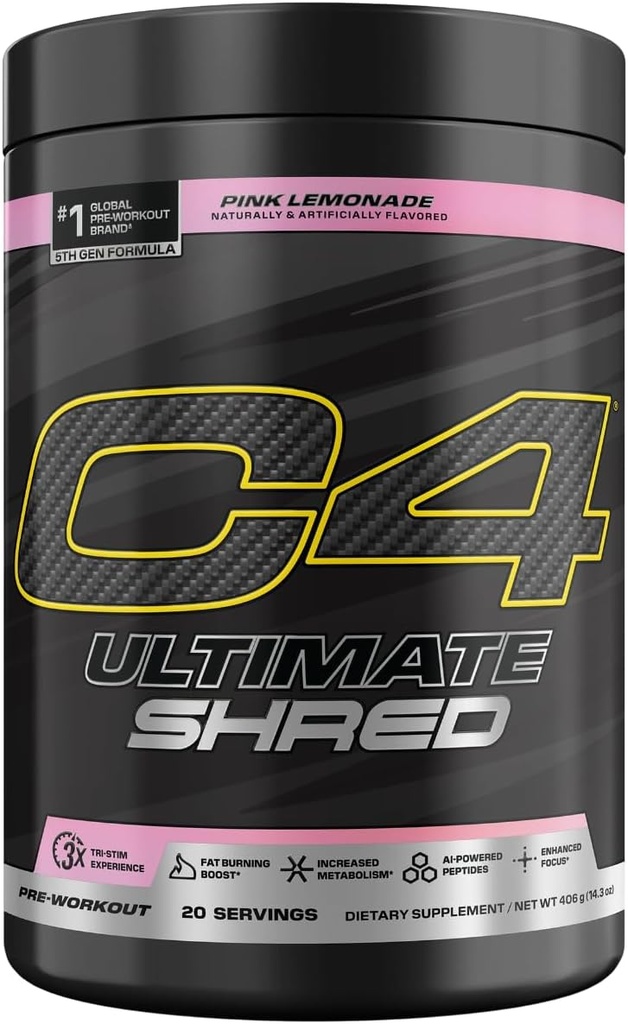 Cellucor C4 Ultimate Shred pré-entraînement poudre, supplément de métabolisme avec Cayenne Extract+300mg Caféine+TeaCrine+Dynamine - Cimonade rose, 20 portions