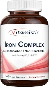 Supplément en fer pour les femmes, 36 mg Fer élémentaire, non-OGM et non-constipant, Bisglycinate de fer, plus vitamines B & C, construction de sang et soutien énergétique, 60 bouchons végétaliens