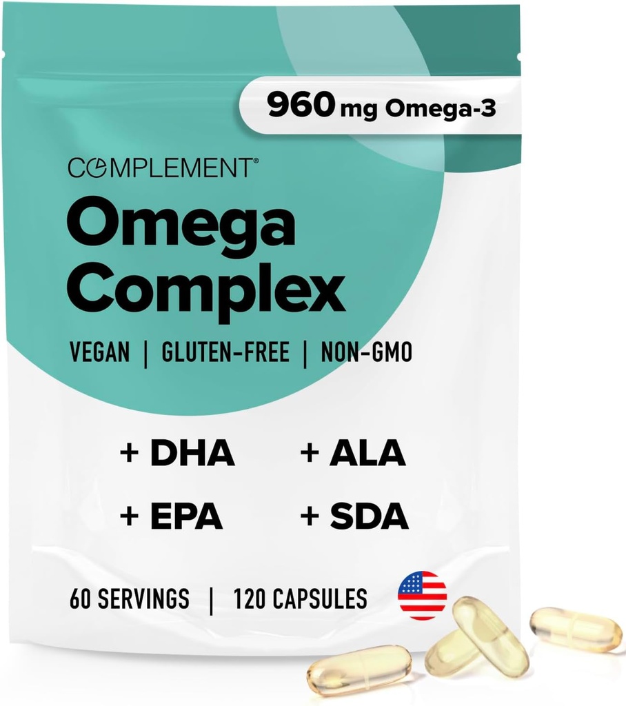 Complément Vegan Omega 3 Supplément- 960mg Omega-3 Acides gras, DHA, EPA, SDA, Supplément ALA - Soutien immunitaire- 60 portions, 120 capsules liquides