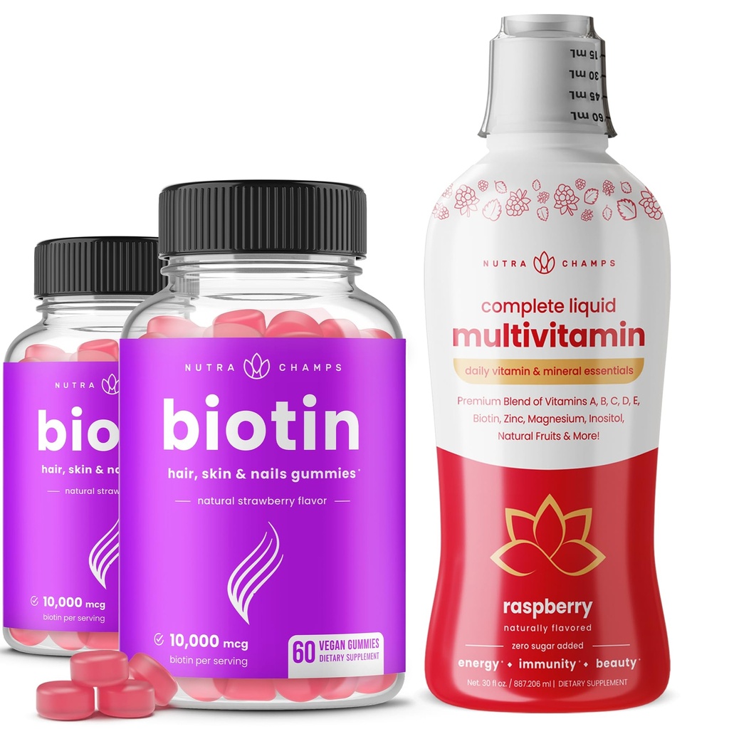 NutraChamps Biotin Gummies (2 Pack) and Liquid Multivitamins 3 Pack Bundle