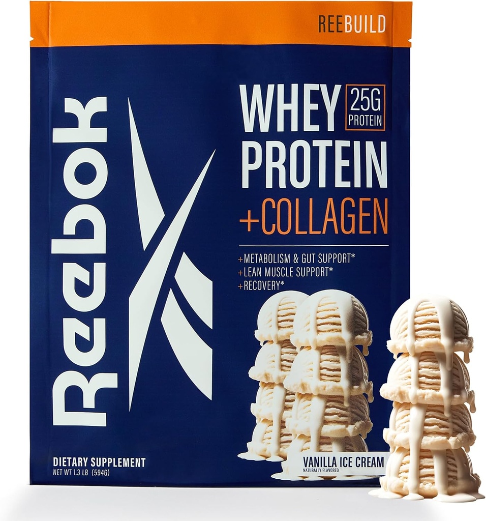 Reebok Whey Protéine Poudre + Collagène Peptides $ 25g Protéine avec 9 acides aminés essentiels $ Récupération musculaire, joint et soutien Gut $ Certifié Sport Informé $ ReeBuild Vanilla Ice Cream Flavor, 1,3 lb