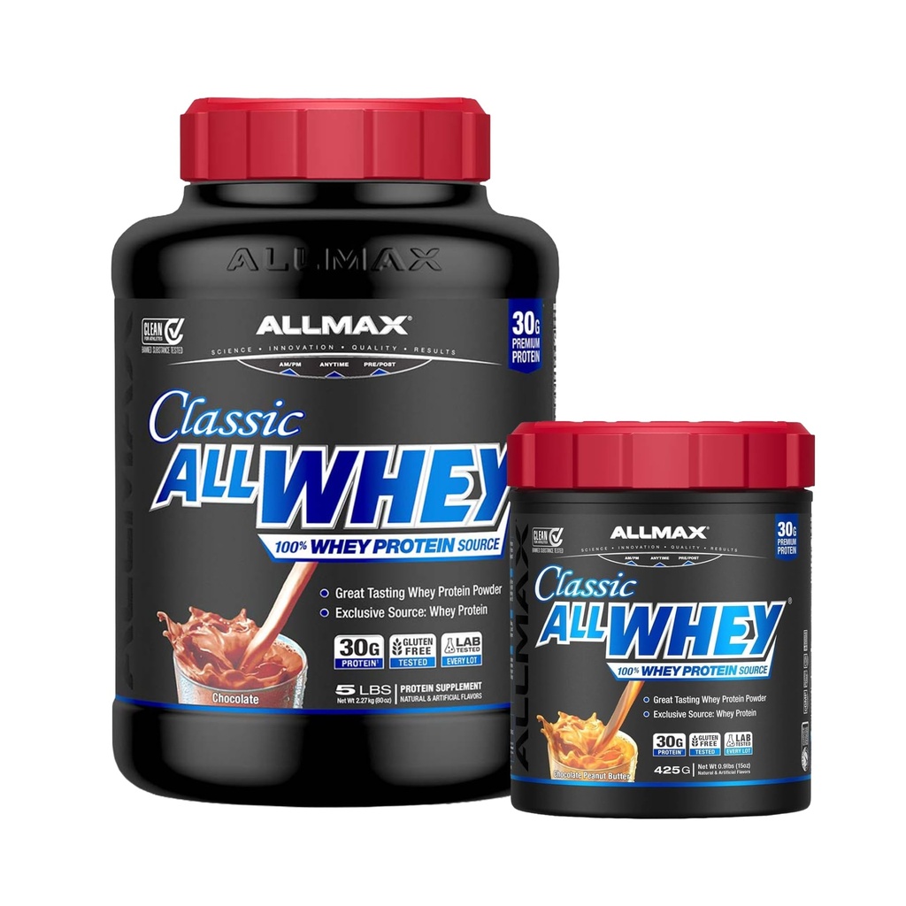 ALLMAX AllWhey Classic Chocolate 5 lb and Chocolate Peanut Butter 0.9 lb Bundle, Gluten Free, Low Sugar, High Protein, Supports Muscle Recovery, Lean Muscle & Post Workout, for Men & Women