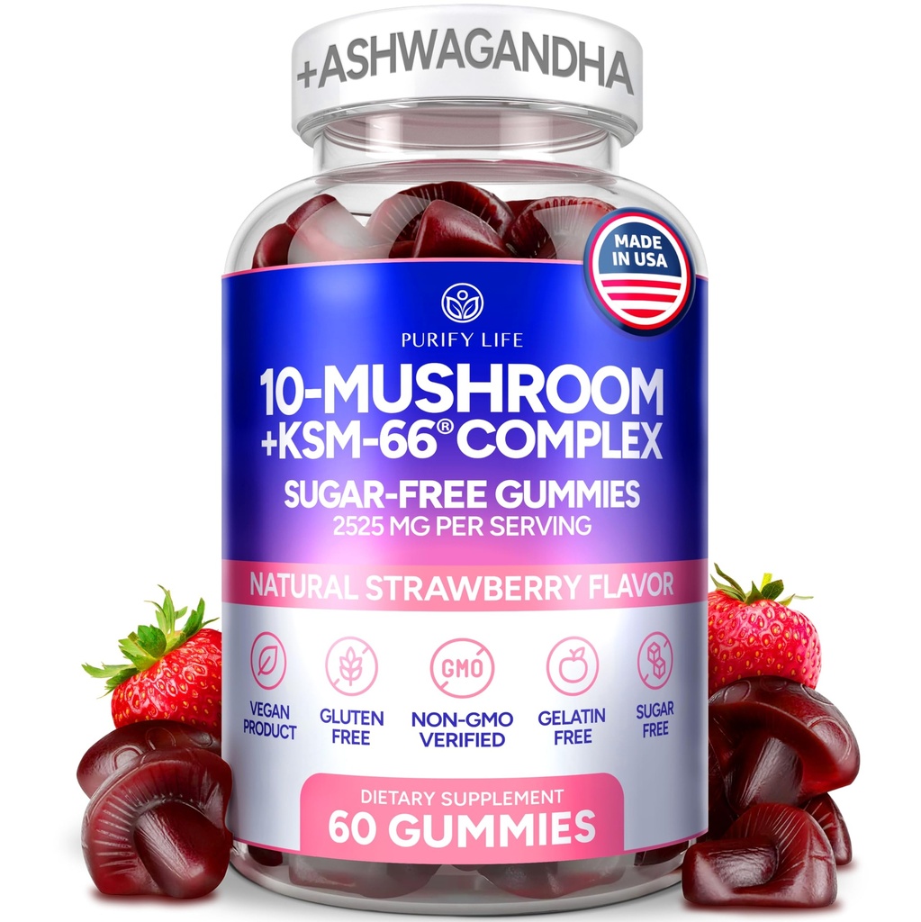 Sugar-Free Mushroom Gummies with KSM 66 Ashwagandha - Potent 10x Mushroom Supplement with Lions Mane, Chaga, Reishi, Mushroom Complex, Natural Stress Support, Calm Gummies, Nootropic Supplement