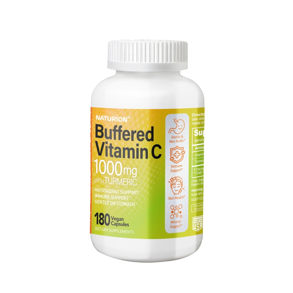 Buffered Vitamin C 1000 mg with Organic Turmeric - Antioxidant & Immune Support - Healthy Skin & Joints - Gluten & Dairy Free - 180 Vegan Capsules, 180 Day Supply