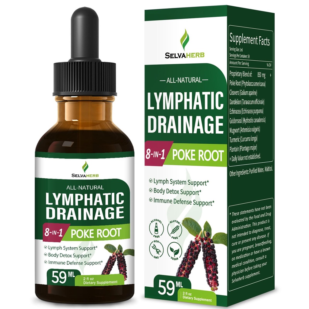 Lymph Cleanse Herbal Drops, Natural Poke Root (Phytolacca Americana) Extract for Lymph System Support, Body Detox Support & Immune Defense Support. 2oz